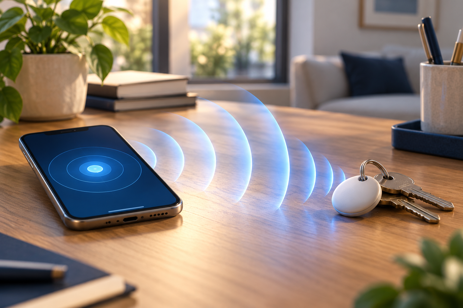 Concept illustration of a smartphone measuring the distance to a key tracker