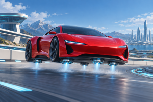 Concept illustration of an unbranded red sports car hovering above a test track