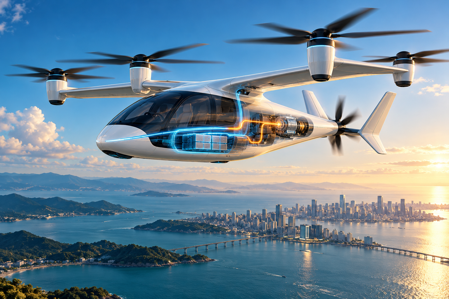 Concept illustration of a hybrid electric aircraft above a coastal city